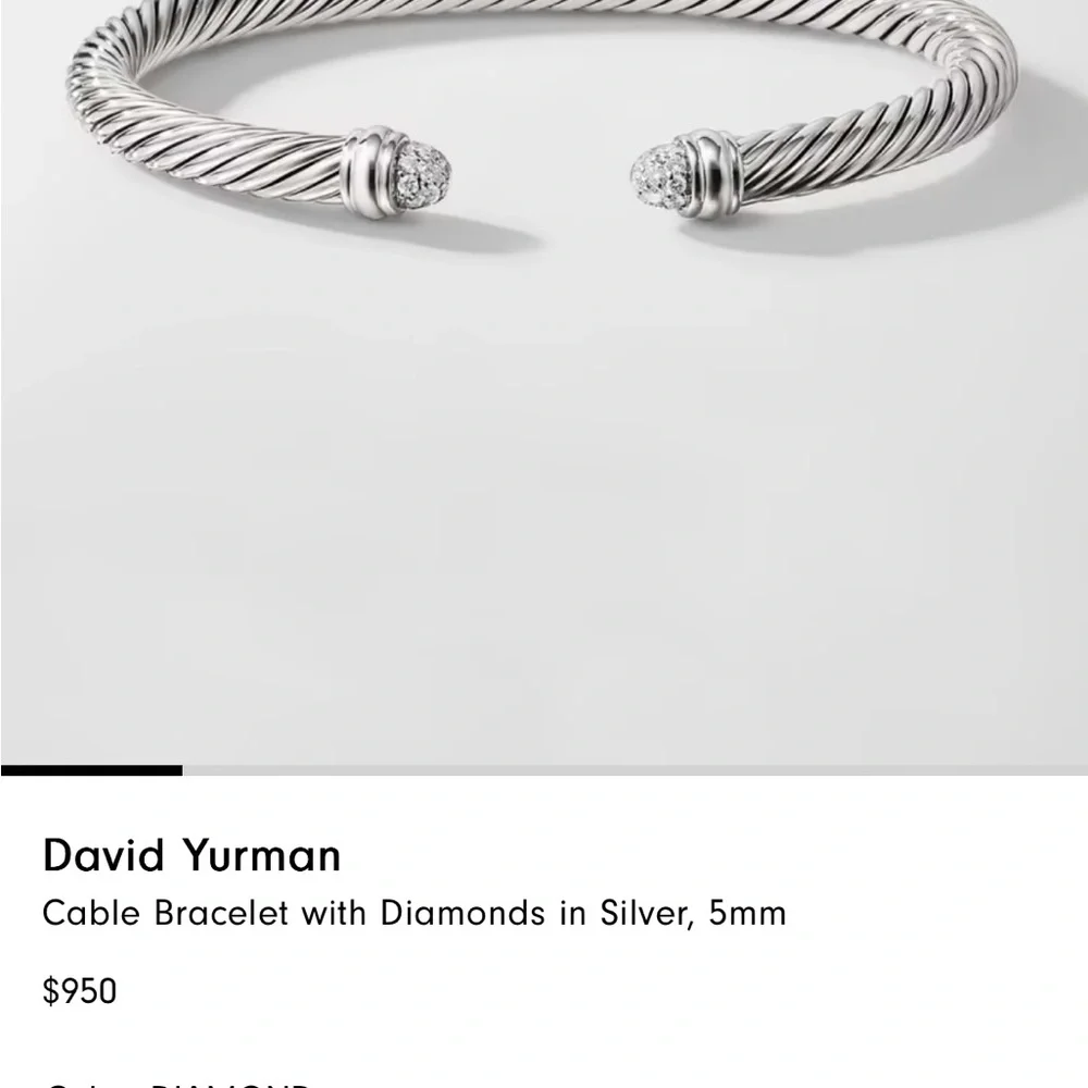 David Yurman Silver Cable Cuff with Diamond Endcaps